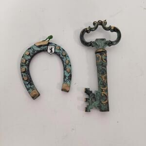 Vintage Cast Iron Key & Horseshoe Bottle Openers Verdigris Finish & Gold Accents